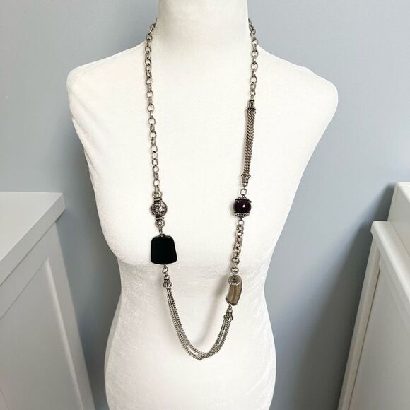 Funky Long Mixed Media Silver Tone and Black Beaded Chunky Necklace - Picture 1 of 11